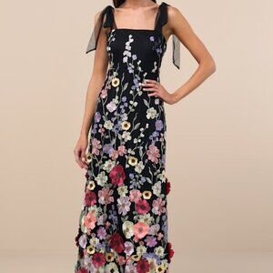 Lulus Thriving Poise Black 3d Floral Embroidered Tie-strap Maxi Dress - Size L